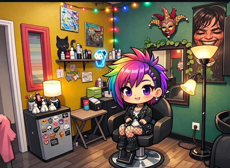 Colorful illustrated salon interior representing the Gypsy Cosmo creative atmosphere