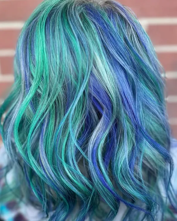 Silver minty periwinkle dream — hair work by Stephanie Thomas at Gypsy Cosmo Salon